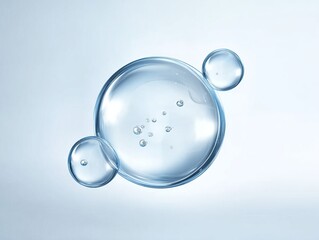A close-up of translucent water droplets with varying sizes, showcasing their clarity and reflective surfaces against a soft, neutral background.