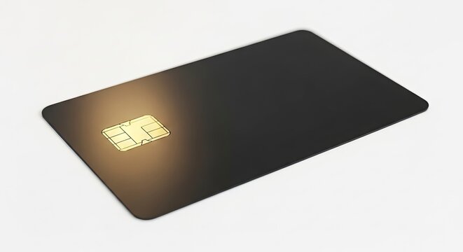 A dark EMV chip card rests on a white surface with a golden chip displayed