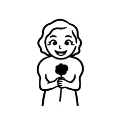 Black and white vector illustration of a beautiful woman holding a flower, minimal clean line art style