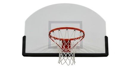 A basketball hoop with an orange rim and white net is attached to a white backboard