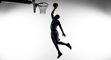 Obraz premium A basketball player is jumping high to dunk the ball in a basketball hoop