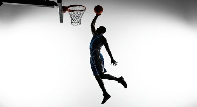 A basketball player is jumping high to dunk the ball in a basketball hoop - Powered by Adobe