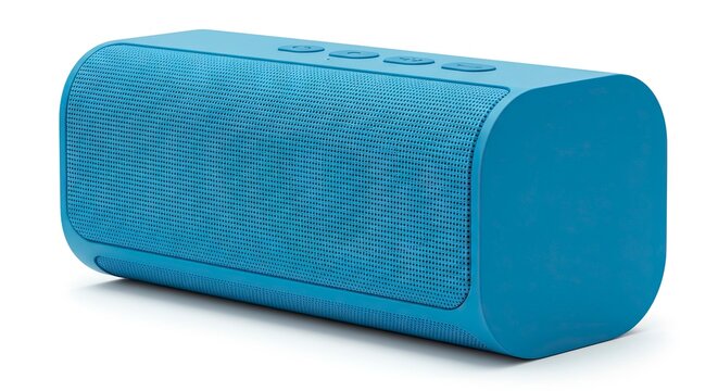 A blue rectangular speaker with rounded edges and perforated grill resting on a white surface Buttons are visible on top