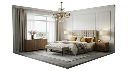 A detailed bedroom interior showcases a plush bed wooden furniture  a crystal chandelier against white walls