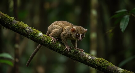 Obraz premium Small lemur on branch in forest