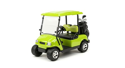 A bright green golf cart with golf clubs in the back stands on a white background