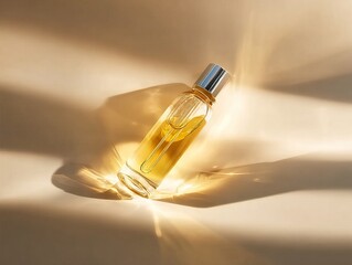A sleek, amber-colored glass bottle with a metallic cap rests on a softly lit surface, casting warm, golden shadows that highlight its elegant design.