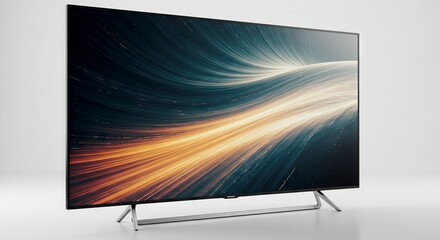 A flat screen television displays a vibrant abstract design on a clean white backdrop