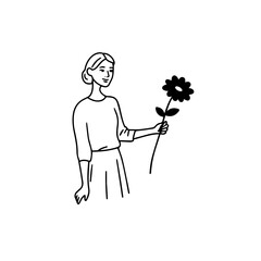 Black and white vector illustration of a beautiful woman holding a flower, minimal clean line art style