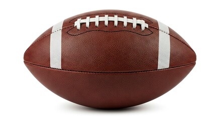 A brown football with white stripes and laces sits on a white surface