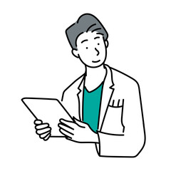 白衣を着た男性がタブレットを手に持ち診察や説明を行う様子を描いたイラスト｜医療現場での活用やヘルスケア関連のデザインに適した清潔感と信頼感のあるベクター素材