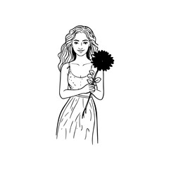 Black and white vector illustration of a beautiful woman holding a flower, minimal clean line art style