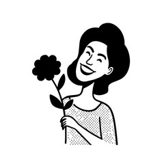 Black and white vector illustration of a beautiful woman holding a flower, minimal clean line art style