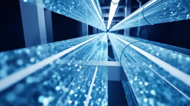 Abstract technology background with blue water pipes, spheres and bright light. Futuristic technology and clean energy concept.