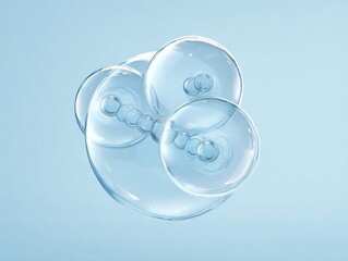 A cluster of translucent, interconnected spheres with smaller embedded spheres, set against a soft blue background, evoking a sense of molecular or cellular structure.