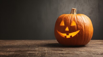 Carved pumpkin with a smiling face on a wooden surface against dark background.