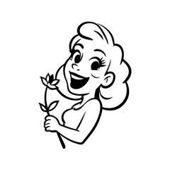 Black and white vector illustration of a beautiful woman holding a flower, minimal clean line art style