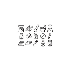 Black and white outline vector icons of pharmacist tools � weighing scale, pill counter tray, measuring spoon, compounding equipment, laboratory flask, and dropper in minimal style