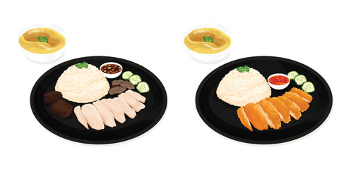 Vector illustration of Thai chicken rice and fried chicken rice served with cucumber, soup, and dipping sauce on black plates.