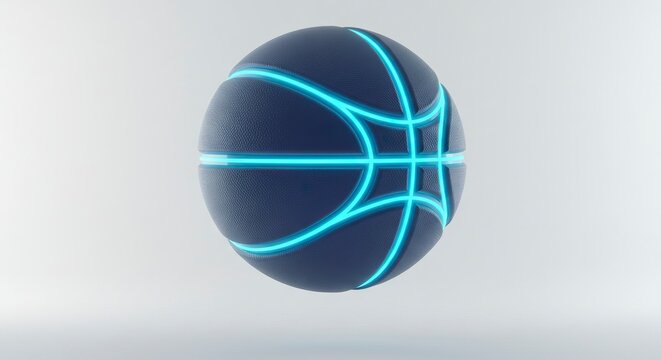 A dark blue basketball with bright blue glowing lines on a white background