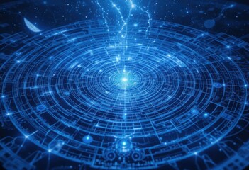 Obraz premium Ethereal Blueprint An Ultra Detailed Map of Transient Celestial Structures, a Study in Sapphire and Indigo.