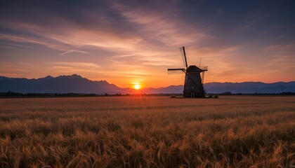 Windmill in a Golden Field at Sunset with Mountain Range Background