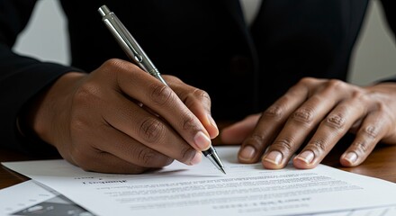 A person with dark skin wearing a black blazer signs a document with a silver pen