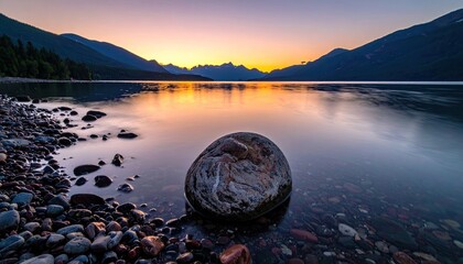 Serene sunrise over a calm lake, reflecting mountains in pastel hues; a smooth, grey boulder rests in shallow, clear water near a pebbled shore