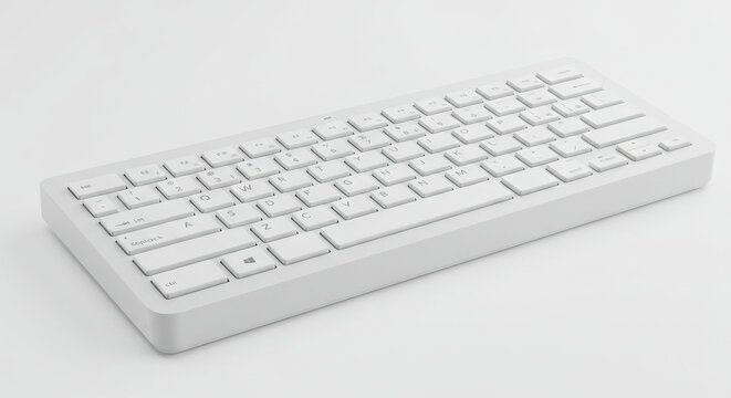A minimalist white computer keyboard sits at an angle on a white surface casting soft shadows