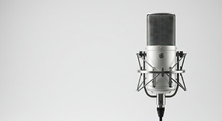 A silver microphone sits on the right against a plain gray background