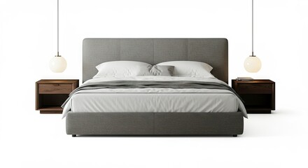 A modern bedroom set featuring a gray upholstered bed two wooden nightstands globe pendant lights against a white background