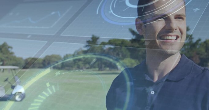 Tech demo using holographic UI shifting and activating golf cart rolling, male golfer raising club