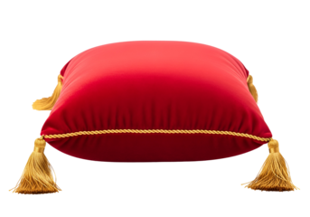 A rich red velvet pillow with gold tassels and trim sits against a black backdrop.