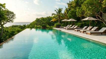 Tranquil infinity pool overlooks the ocean, surrounded by lush greenery