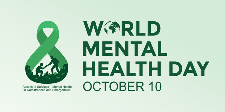 World Mental Health Day banner design with green ribbon symbol, people helping each other, and text October 10. Mental health awareness campaign concept