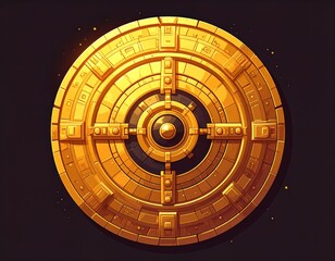Elaborate, golden-hued circular artifact featuring geometric patterns and a central, dark sphere, all against a soft, black background