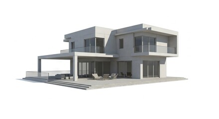 A modern twostory house featuring flat rooftops large glass windows and an outdoor patio area