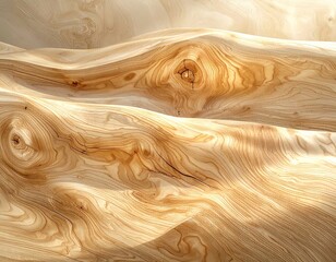 Smooth, undulating light-colored woodgrain surface with contrasting textures and light, evoking nature's forms through a material close-up view