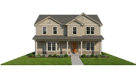 Twostory house with gray shingles lightcolored siding and a covered porch