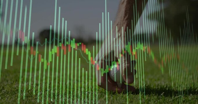 Man's right hand placing golf ball onto tee while dynamic candlestick chart showing finance trends