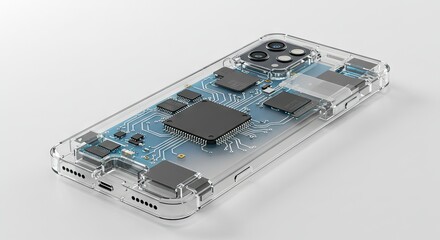 A translucent phone case reveals a detailed circuit board with integrated components