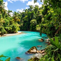 Turquoise river winding through lush tropical forest