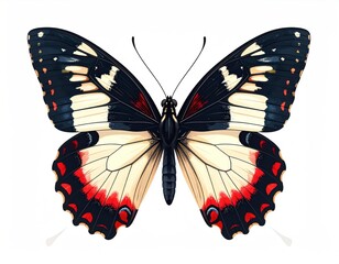 Beautifully detailed butterfly illustration. Its wings display a blend of black, cream, and red hues, creating a visually appealing design