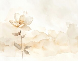 A delicate watercolor painting of a pale flower with subtle leaves against a soft, blurred, tan-colored background