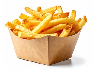 Golden french fries overflowing from a brown paper container, casting a soft shadow on a plain white background