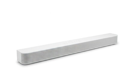 A white rectangular soundbar with rounded edges and a gray mesh cover