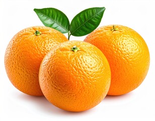 Three vibrant oranges with green leaves, arranged closely together on a white surface, showcasing their textures and colors in bright light