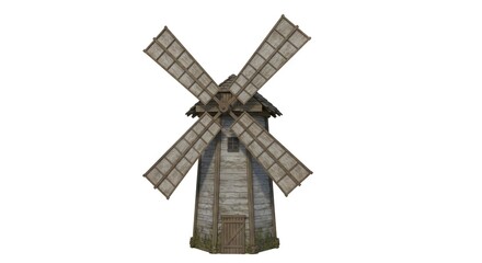 Windmill with four blades and a wooden structure standing isolated on a white background