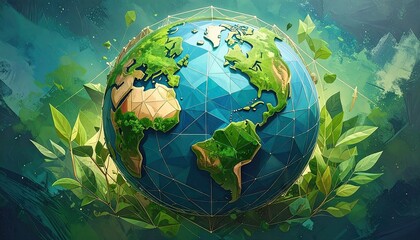 A vibrant, stylized depiction of Earth, encircled by lush foliage, showcasing a polygonal texture and a calming, natural mood.