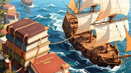 Discovering new worlds through knowledge, a grand sailing ship navigates vibrant blue seas beside a stack of historical books and a "Columbus Day" volume